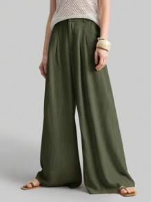 Ontre 2025秋季女士休闲宽松褶裥阔腿裤，适合波西米亚风、度假、节日、商务休闲、海滩、生日派对、教师节、圣诞节等场合穿着 - 軍綠色 - 查看 6