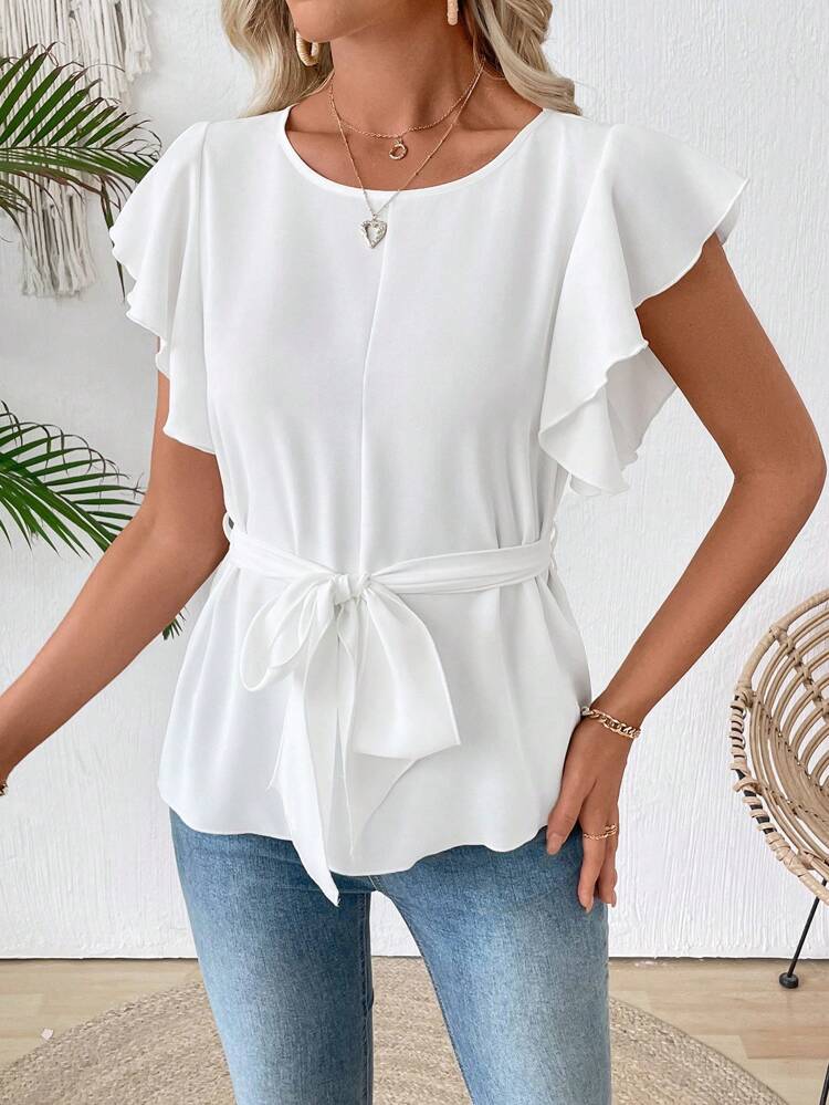 Women's Elegant Solid Color Ruffle Hem Blouse, Summer Babydoll Top Crop Tops Women  Summer Tops