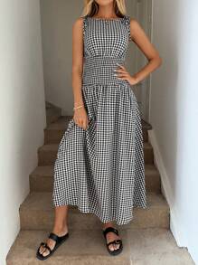 Easowa 女式无袖 A 字中长连衣裙，肩部系带蝴蝶结，腰部褶皱，格纹图案，休闲度假，优雅户外穿着，春夏季，波西米亚服装，老钱风格