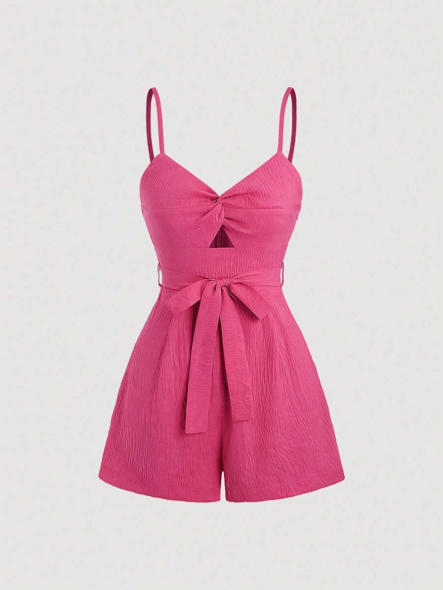 Sweetra 女士纯色打结腰部吊带背心连体衣，前部系带细节 - 玫紅色 - 查看 1