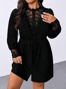 SHEIN CURVE+ 大码女式深 V 领镂空蕾丝休闲连衣裙