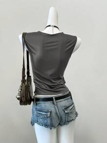 SHEIN EZwear 女士西部风网眼拼接印花针织吊带背心，夏季印花背心时尚女装，复古风背心，无袖印花T恤，无袖印花上衣，灰色上衣，个性女装，女士上衣，印花背心，女士印花背心，灰色叠层背心，个性女装，灰色印花背心 - 灰色 - 查看 2