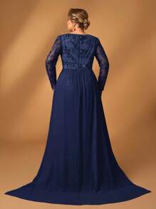 Serin Plus Size Women's Elegant Luxurious Sparkling Sequin Fabric V-Neck Mid-Sleeve Mermaid Long Hem Patchwork Chiffon Flowy Dress, Suitable For Wedding, Gala, Party, Formal Mother Of The Bride Dress