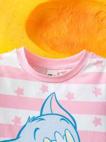 TOM & JERRY X SHEIN Baby Girl Cute Cartoon & Star Pattern Pink & White Striped Cute Romper