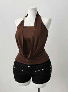 Sweetra 大码女式露背高弹力优雅度假、约会、派对衬衫 - 咖啡棕 - 查看 3
