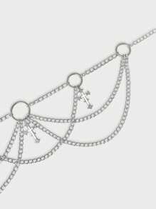 ROMWE 1pc Women Gothic Cross Design 3-Layer Chain Belt, Silver & Black Versatile Dress Accessory, Halloween - Silver - View 2