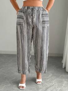 SHEIN CURVE+ 大码女式系腰条纹口袋锥形休闲裤 - 彩色 - 查看 3
