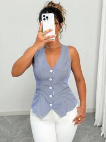 Elenzga 女士加大码优雅条纹吊带背心，夏季 - 藍色 - 查看 6