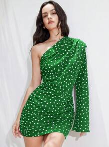 SHEIN Privé 法式经典圆点垫肩不对称褶饰下摆短款连衣裙，春季女士 - 綠色 - 查看 6