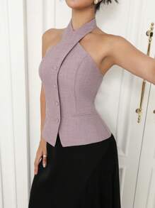 Modelyn 女式纯色前扣挂脖无袖休闲上衣，夏季