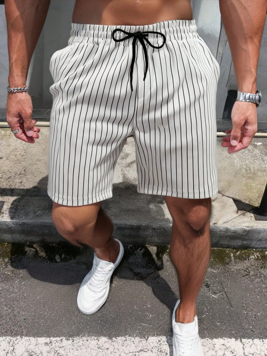 RueChic Men Stripe Printed Summer Fashion Regular Short - Black and White - View 1