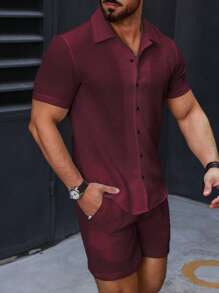 Manfinity Homme 2pcs/Set Men's Solid Color Short Sleeve Single-Breasted Shirt And Shorts Casual Outfit - Rusty Rose - View 4
