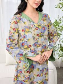 Yasmyna Rückwärts V-Ausschnitt Ölgemälde bedrucktes Arabisch-Stil Kleid für Damen, modisch