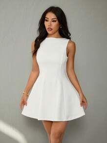 SHEIN PETITE Đầm suông chữ A màu trơn thanh lịch bó sát không tay dáng chữ A cho buổi tối hẹn hò, váy mùa thu, mùa hè dành cho nữ - trắng - Xem 4