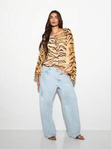 KIZN Designer Animal Print Lace Up Top Blouson Sleeve Ruched Spring Summer Festival Party Vacation Casual Club Chic Blouse - Multicolor - View 3