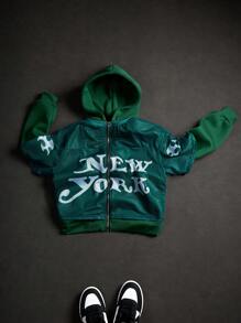 Manfinity EMRG Men's Street Style INS High Street Oversized Double-Sided New York Letter Graphic Printed Vintage Green Hooded Zip-Up Sweatshirt. Featuring A Unique Two-Layer Faux Layered Design With Mesh Fabric, A Fiery Font Design For "New York," And A Fun Oversized Question Mark Graphic, This Piece Embodies Street Rock Aesthetics - Green - View 6