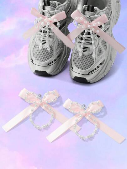 Kawaii 1 pièce Élégant et mignon, ensemble polyvalent de haute qualité fait main de clip de chaussure en nœud papillon multicouche avec perles blanches factices, cristal rose et ruban, convient pour le port quotidien des femmes et des filles, cadeau de festival