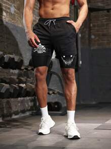 Gym Rark Pantalones cortos deportivos de doble capa con estampado de esqueleto, cintura con cordón y bolsillos para hombres - Multicolor - Ver 3