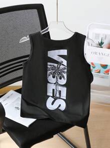 Tween Boy Palm Tree & Letter Print Crew Neck Casual Tank Top
