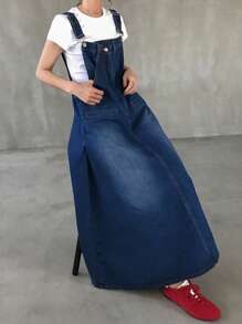 FRIFUL Women Denim Pinafore Dress, Long Skirt With Pockets, Asymmetrical Neckline - Medium Wash - View 2