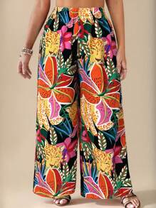 Travachic 大码花卉印花阔腿休闲裤，适合夏季海滩度假 - 黑色 - 查看 4