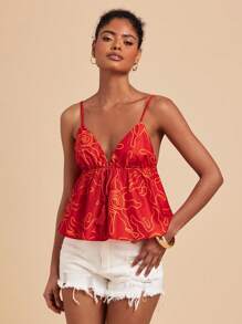 Travachic 女士 V 领无袖印花吊带背心，夏季、沙滩装、春季、复活节、海滩、春假、度假、音乐会女士、波西米亚风、波西米亚、音乐节、热带度假女士、橙红色太阳印花、7 月 4 日、节日