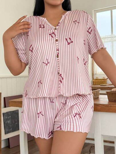 Snug Zone Plus Size Striped Bow Print Casual Button-Up Pajama Set Holiday Season Bow Tie  Cozy And Elegant Details