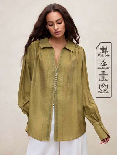 Arave 女士粘胶面料纽扣衬衫领灯笼袖孔眼蕾丝拼布宽松商务休闲长袖衬衫，绿色上衣，母亲节衬衫，母亲节，夏季，度假衬衫