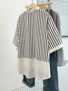 SHEIN LUNE Spring/Summer/Autumn Elegant Office Lady Casual Fashionable Striped Floral Pattern Versatile Comfortable Fabric Shirt Collar 3/4 Sleeve Spliced Cardigan, Black & White, Plus Size