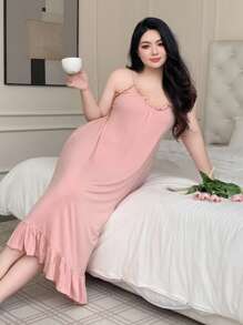 Dazy Plus Plus Size Solid Color Patchwork Ruffle Hem Slip Dress For Home & Sleep, Back To School Clothes - Pink - View 5