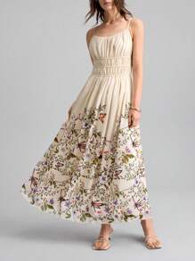 Ontre 2025 Summer Women'sLong Floral Print Ruched Bust Strap Dress, Suitable For June Holidays, Independence Day, St. John's Day, Beach, Vacation, Graduation, Office, Beach Wear, Holiday, Tea Party, Party