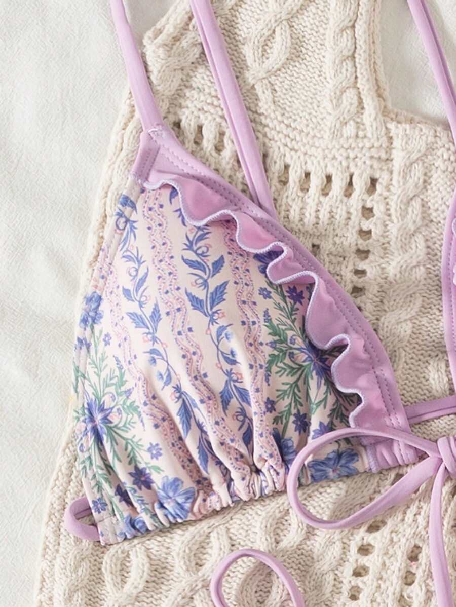 Swim Mod 2pcs/Set Random Printed Women Swimsuit With Spaghetti Strap Floral Trim & Bowknot Design Bandeau Top And Ruffled Side Tie Briefs Cute Flirty Bikini For Summer Beach Vacation - Multicolor - View 1