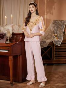 PalaceNights Vintage Royal Elegant Gold Lace Patchwork Women Sleepwear Pajama Set Holiday Season - Pink - View 6