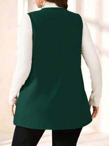 EMERY ROSE Plus Size Solid Color Sleeveless Loose Pocket Simple Casual Coat,Spring/Summer,Vacation,Business Casual In Fall/Winter - Dark Green - View 2
