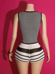 Slaydiva Women's Chic Summer Black And White Striped Two Pieces Set,Vacation Crocheted Deep V-Neck Sleeveless Sweater Top & Slim Fit Shorts Knit Wool Suit - Black and White - View 9