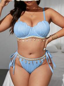 SHEIN Swim Curve 加大码 2 件女式海洋网状纹理钢圈聚拢比基尼泳装，优雅海滩度假时尚 - 淺藍色 - 查看 4