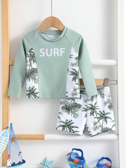 SHEIN 2pcs/Set Baby Boys/Girls Casual Cute Coconut Tree Print Contrast Color Splicing Long Sleeve Rash Guard Swimsuit Set, Suitable For Outdoor, Travel, Swimming, Surfing, Beach, Spring/Summer