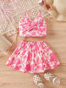 SHEIN Babygirl Lemon Print Suspender Top And Mini Skirt 2-Piece Suit, Cute Summer Holiday - Pink - View 1