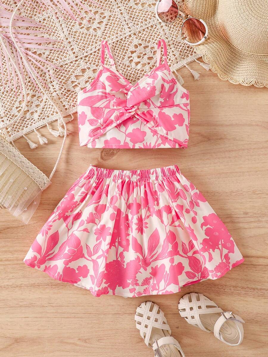 SHEIN Babygirl Lemon Print Suspender Top And Mini Skirt 2-Piece Suit, Cute Summer Holiday - Pink - View 1