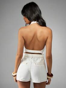 MISSGUIDED Retro Style Denim Halterneck Button Front Playsuit Festival Summer Beach Short Jumpsuit Casual Western - White - View 2