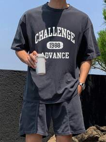 DAZY Conjunto de 2 piezas para hombre, camiseta de manga corta con estampado de letra y pantalones cortos - Azul Marino - Ver 1