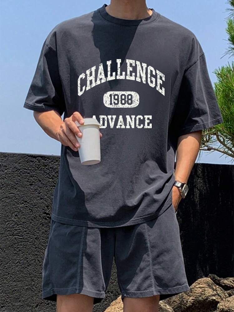 Men's Letter Print Short Sleeve T-Shirt & Shorts 2 Pieces Set