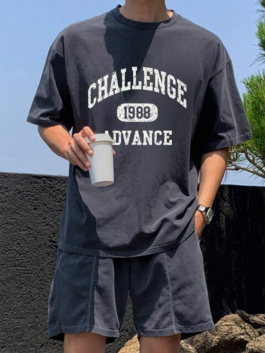 DAZY Conjunto de 2 piezas para hombre, camiseta de manga corta con estampado de letra y pantalones cortos - Azul Marino - Ver 1