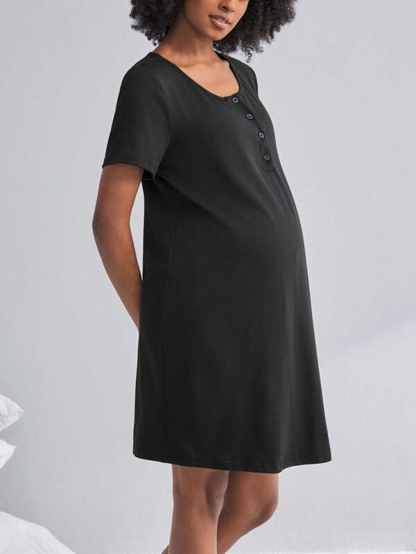 BloomMama Effen zwangerschapsjurk met knoopsluiting, halfopen V-hals, knielengte, korte/lange mouwen