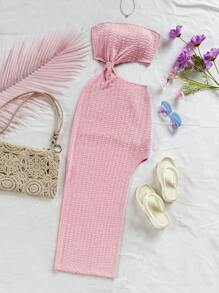 Soleia Vestido texturizado de jacquard con abertura lateral anudada, color rosa, de punto acanalado, para vacaciones - Rosa - Ver 5