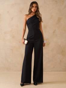 SHEIN BAE Women's Plain Black Asymmetrical Asymmetrical Shoulder Fitted Wide Leg Jumpsuit, Elegant Going Out Outfit For Daily, Date, Travel, Party, Gathering