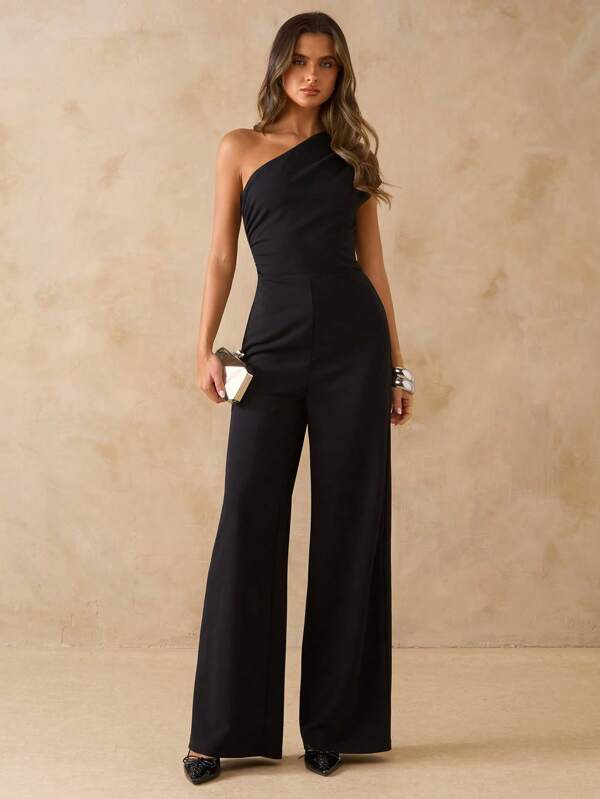 SHEIN BAE Women's Plain Black Asymmetrical Asymmetrical Shoulder Fitted Wide Leg Jumpsuit, Elegant Going Out Outfit For Daily, Date, Travel, Party, Gathering