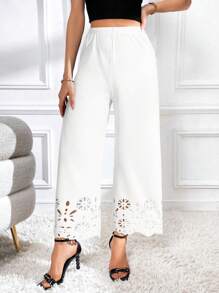 Firerie Pantalones de pierna ancha con cintura elástica y corte láser de unicolor para mujeres