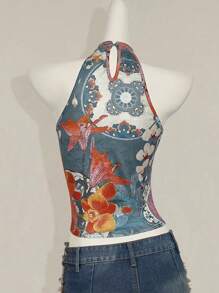 SHEIN ICON Y2k Summer Vintage Boho Concert Western Flora Ggraphic Women's Summer Sleeveless Print Halter Neck Camis