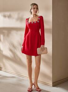 SHEIN Cottnline Rhinstone Embellishment Detailed Square Neck Long Sleeve Princess Shape Elegant Short Dress - Burgundy - View 6